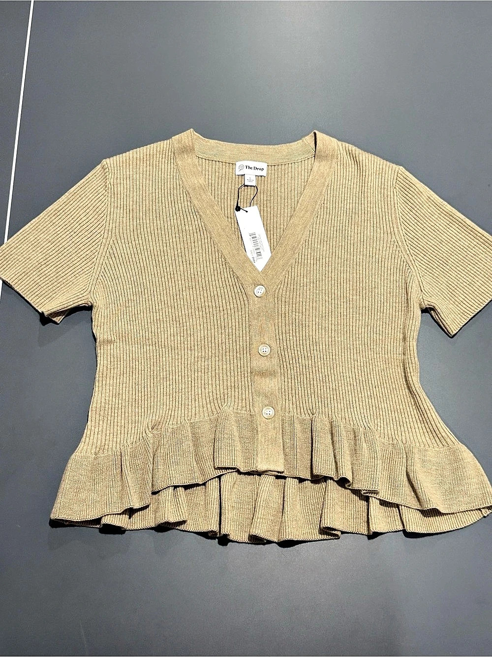 The Drop Catalina Peplum Ruffle Rib Cardigan Brown